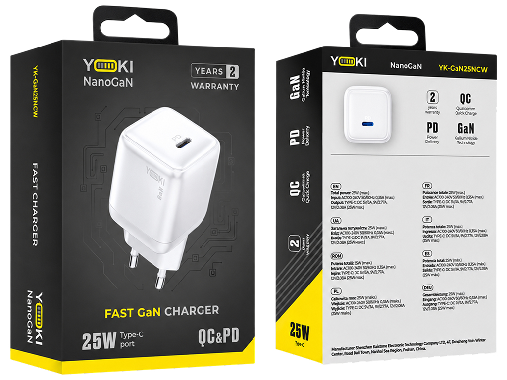 Сетевое зарядное устройство Yoki NanoGaN, GaN, Type-C, PD, QC, 25Вт