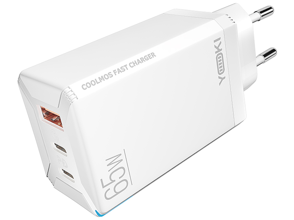 Сетевое зарядное устройство Yoki Led Series, USB-A + 2×Type-C, 65W, Белый