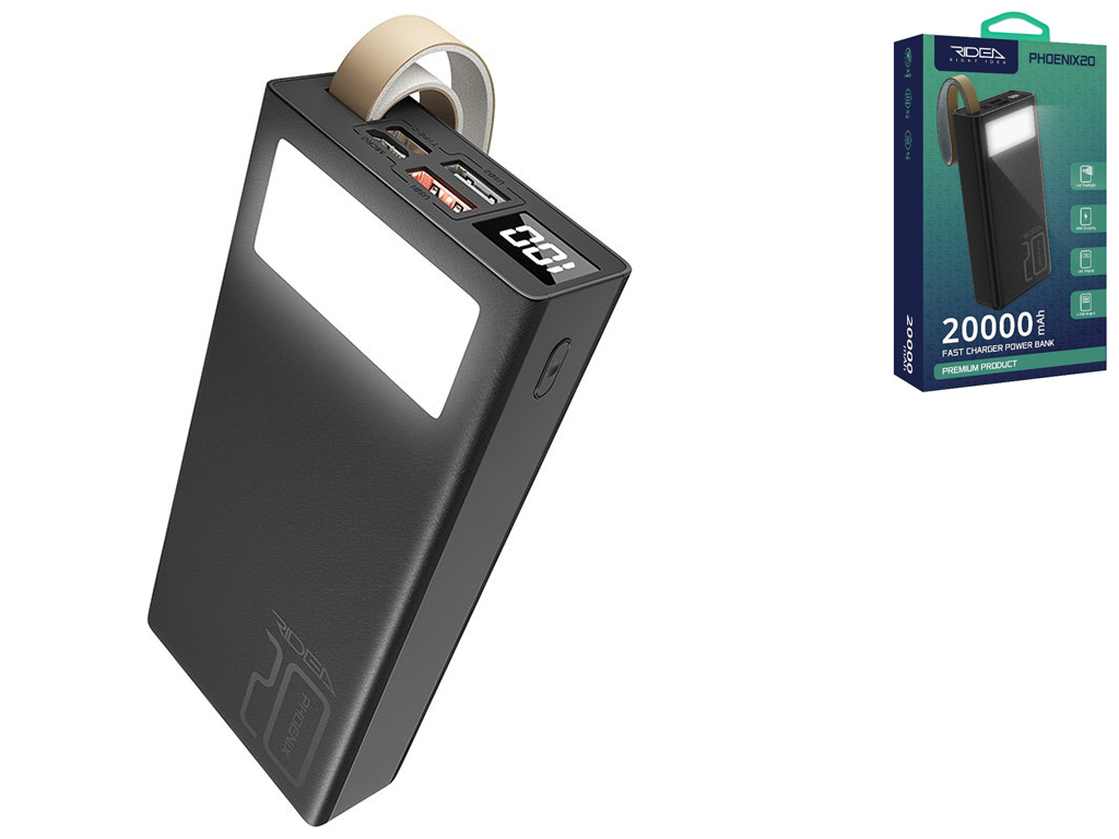 Power Bank Ridea RP-D20L Phoenix20 10W digital display + lamp 20000 mAh, Черный