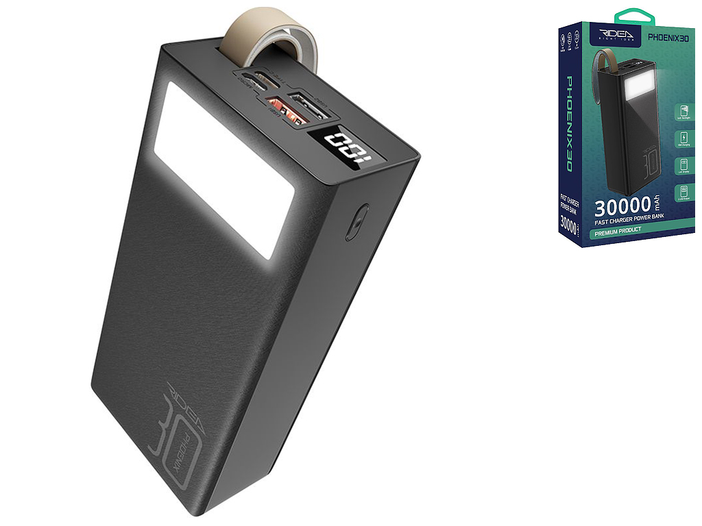 Power Bank Ridea RP-D30L Phoenix30 10W digital display + lamp 30000 mAh, Черный