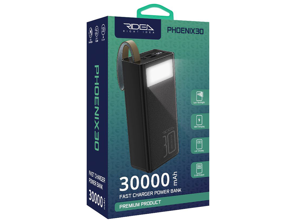 Power Bank Ridea RP-D30L Phoenix30 10W digital display + lamp 30000 mAh, Черный