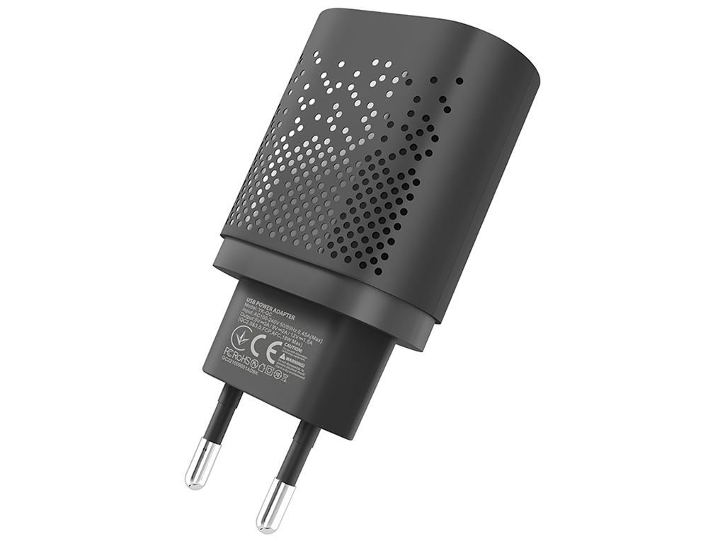Мережевий зарядний пристрій Yoki Led Series, USB-A, 18W, Чорний