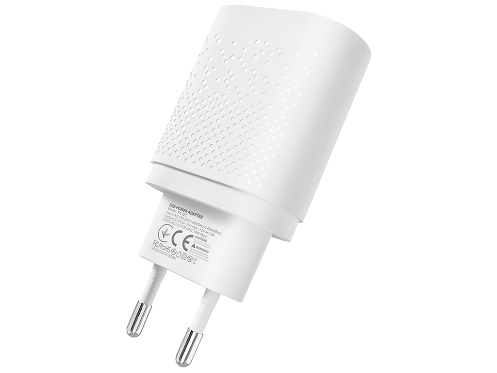 Сетевое зарядное устройство Yoki Led Series, USB-A, 18W, Белый