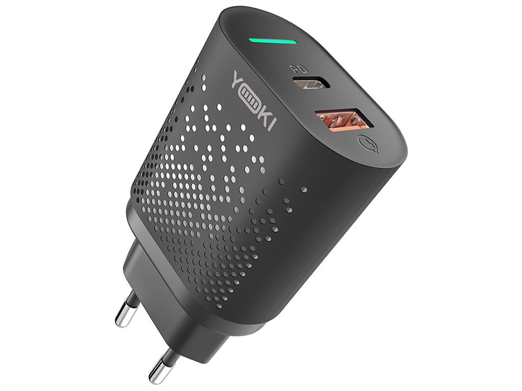 Сетевое зарядное устройство Yoki Led Series, USB-A + Type-C, 20W, Черный