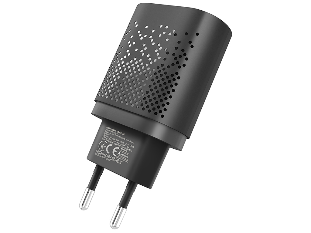 Сетевое зарядное устройство Yoki Led Series, USB-A + Type-C, 20W, Черный
