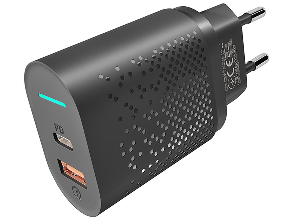 Сетевое зарядное устройство Yoki Led Series, USB-A + Type-C, 20W, Черный