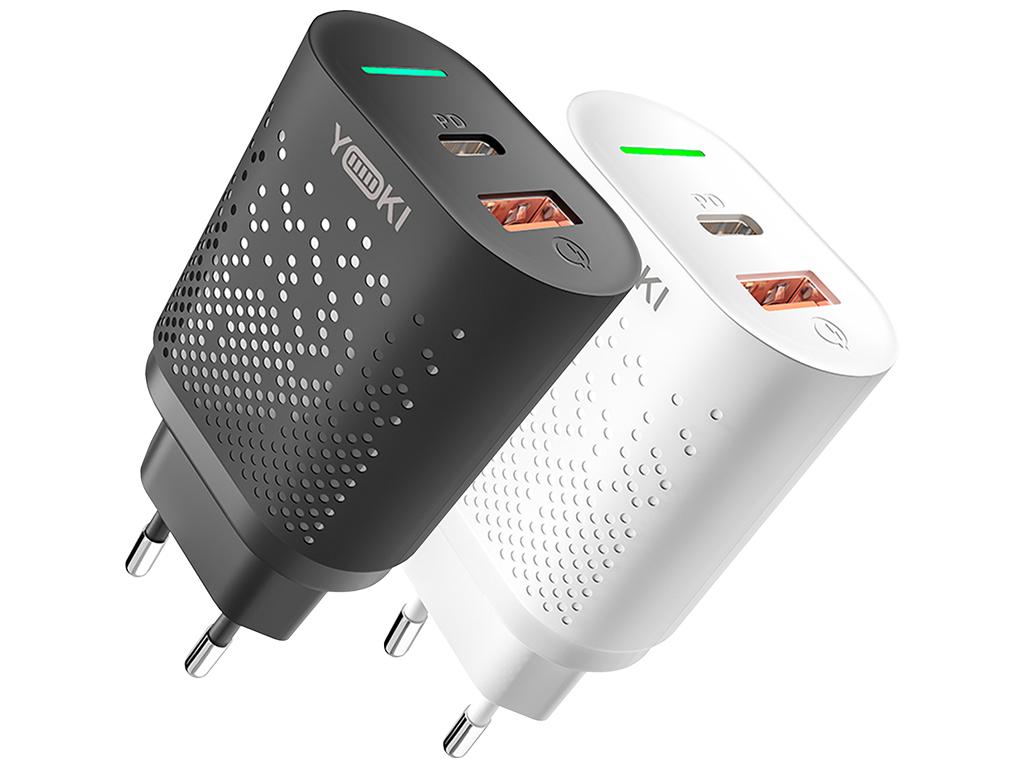 Сетевое зарядное устройство Yoki Led Series, USB-A + Type-C, 20W, Черный
