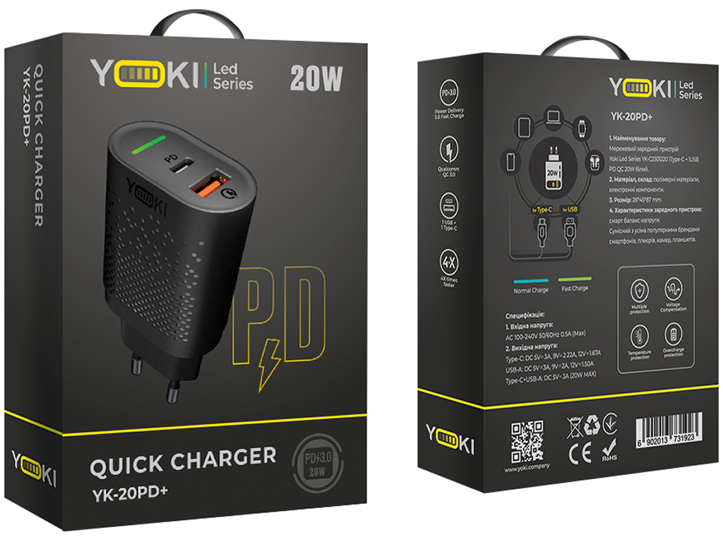 Сетевое зарядное устройство Yoki Led Series, USB-A + Type-C, 20W, Черный