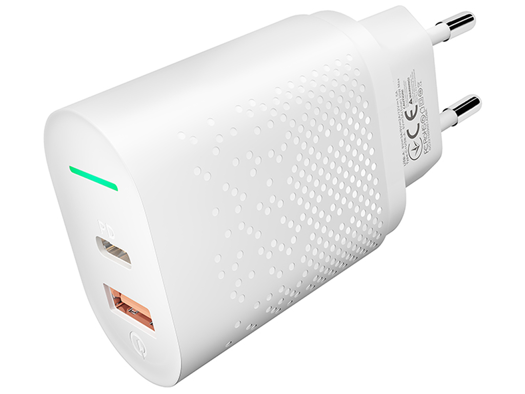 Сетевое зарядное устройство Yoki Led Series, USB-A + Type-C, 20W, Белый