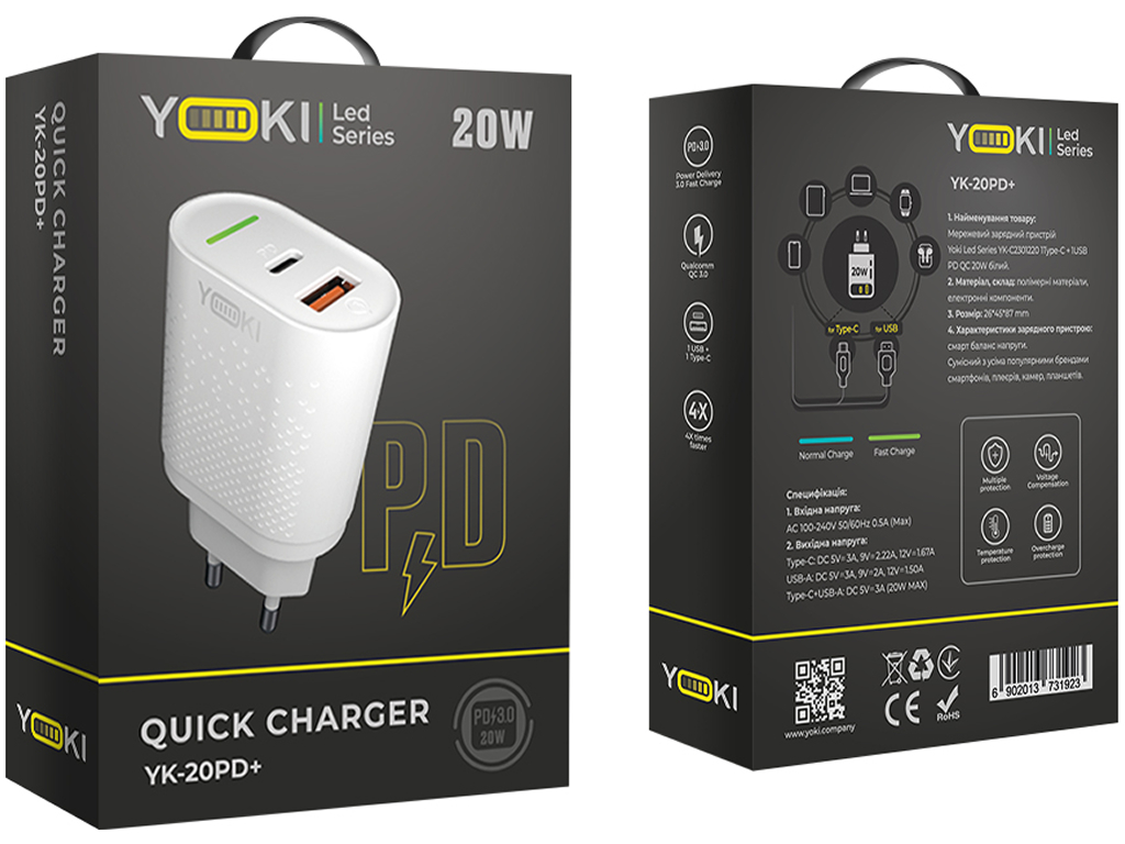 Сетевое зарядное устройство Yoki Led Series, USB-A + Type-C, 20W, Белый