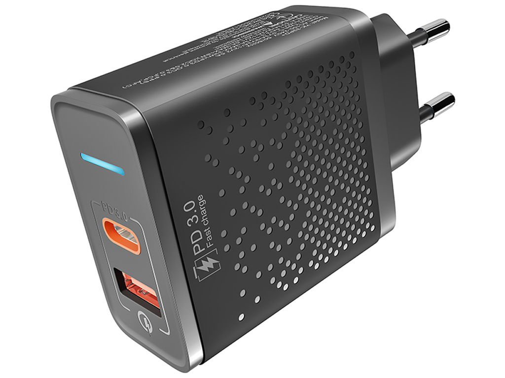 Сетевое зарядное устройство Yoki Led Series, USB-A + Type-C, 33W, Черный