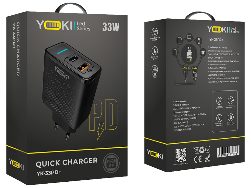 Сетевое зарядное устройство Yoki Led Series, USB-A + Type-C, 33W, Черный