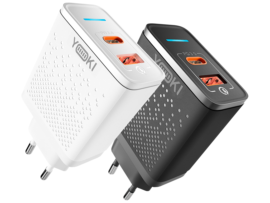Сетевое зарядное устройство Yoki Led Series, USB-A + Type-C, 33W, Белый