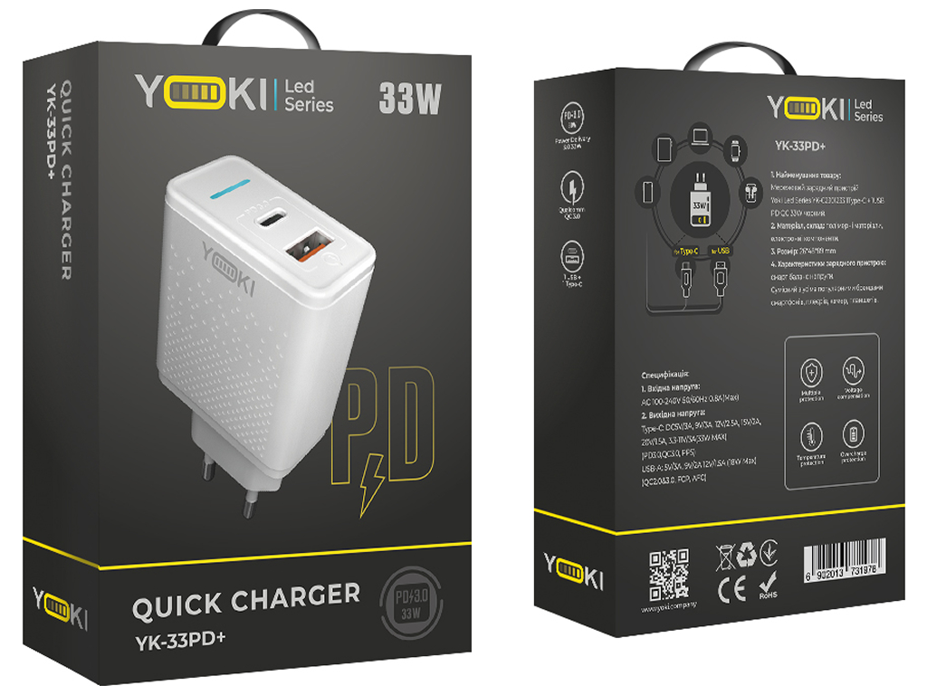 Сетевое зарядное устройство Yoki Led Series, USB-A + Type-C, 33W, Белый