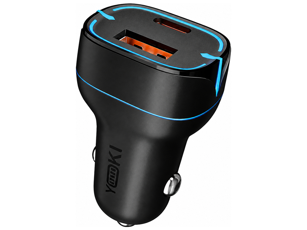 Автомобильное зарядное устройство Yoki Led Series, USB-A,  Type-C, 20W, Черный