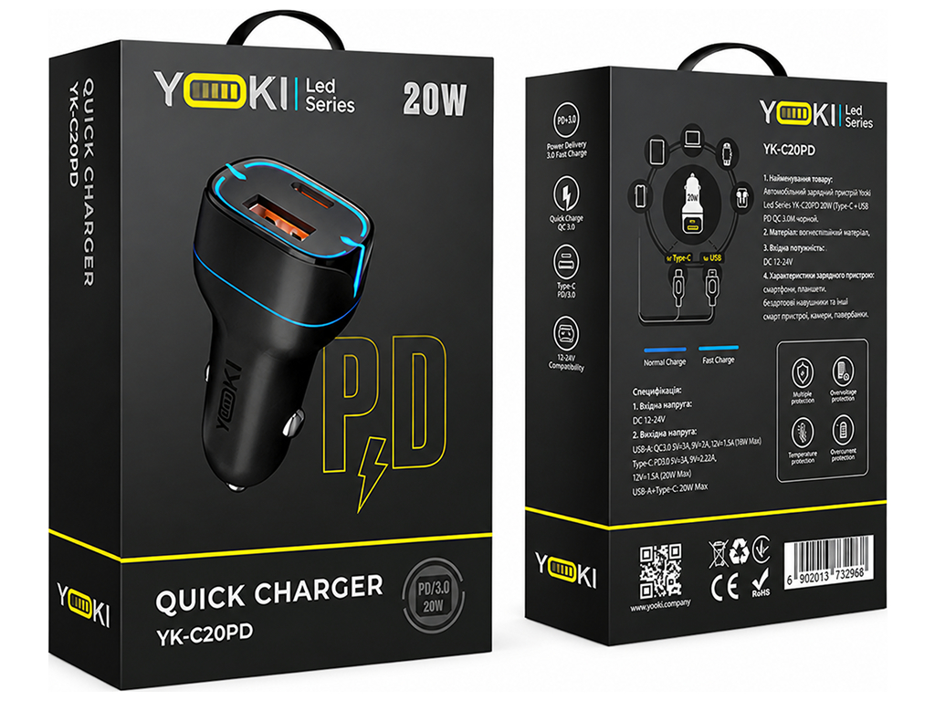 Автомобильное зарядное устройство Yoki Led Series, USB-A,  Type-C, 20W, Черный