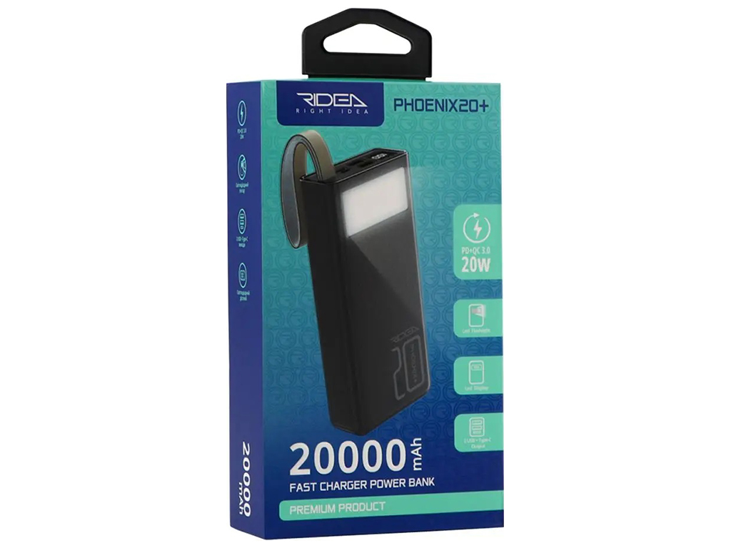Power Bank Ridea RP-D20L+ Phoenix20+ PD/QC 3.0 20W digital display + lamp 20000 mAh Цвет Черный