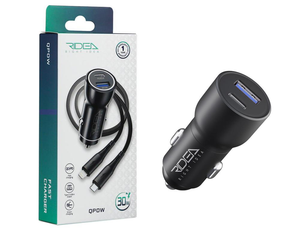 Авто зарядное устройство Ridea RCC-30115 QPow, 1USB+1USB-C, PD/QC, 30W, Type-C to Lightning, черный