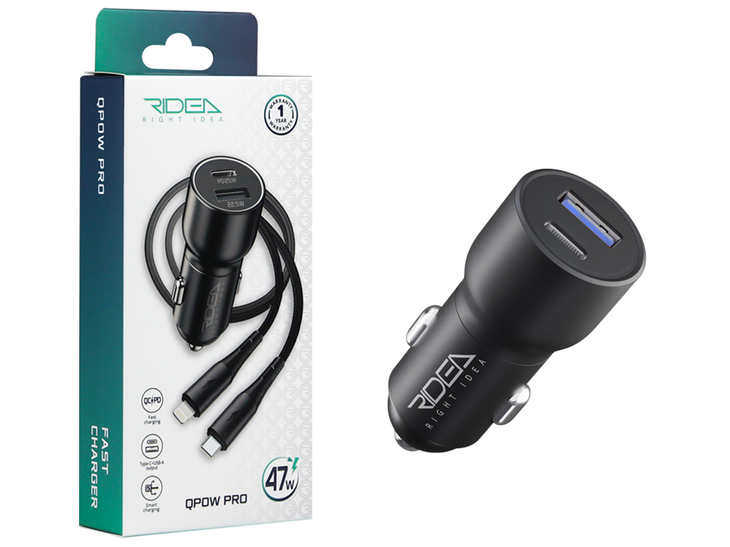 Авто зарядное устройство Ridea RCC-47115 QPow Pro, 1USB+1USB-C, PD/QC, 47.5W, Type-C to Lightning