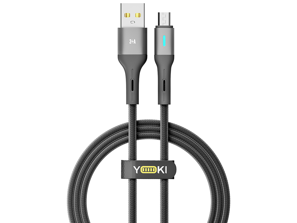 Кабель Yoki Led, USB-A — Micro-USB, 3A, LED индикатор, 1,2м, Чорний