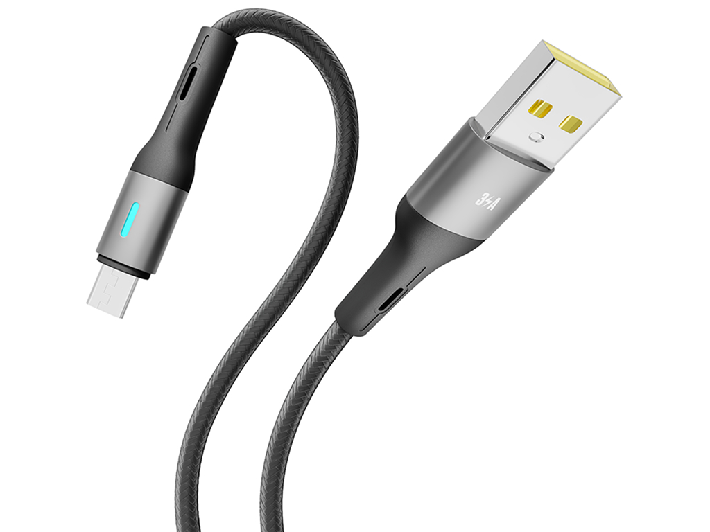 Кабель Yoki Led, USB-A — Micro-USB, 3A, LED индикатор, 1,2м, Чорний