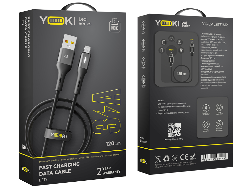 Кабель Yoki Led, USB-A — Micro-USB, 3A, LED индикатор, 1,2м, Чорний