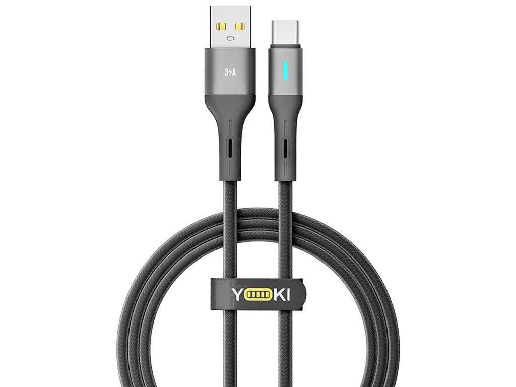 Кабель Yoki Led, USB-A — Type-C, 3A, LED индикатор, 1,2м, Черный