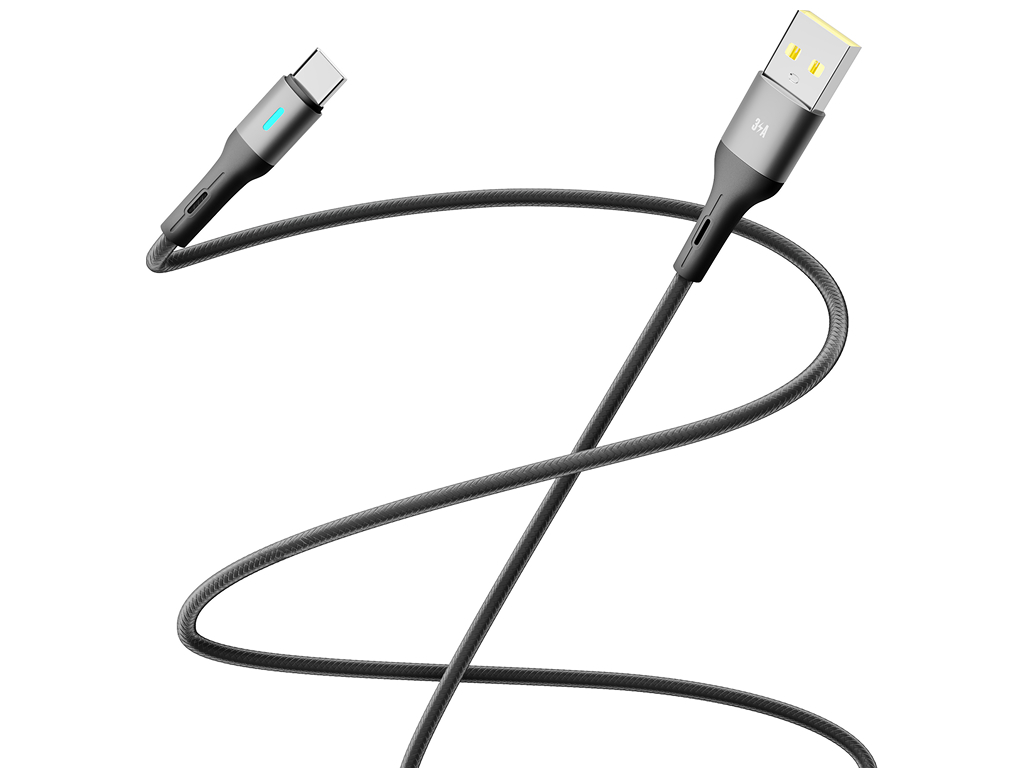 Кабель Yoki Led, USB-A — Type-C, 3A, LED индикатор, 1,2м, Черный
