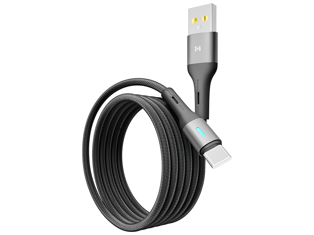 Кабель Yoki Led, USB-A — Type-C, 3A, LED индикатор, 1,2м, Черный