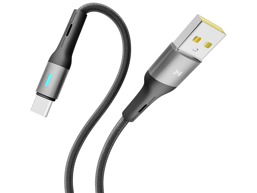 Кабель Yoki Led, USB-A — Type-C, 3A, LED индикатор, 1,2м, Черный