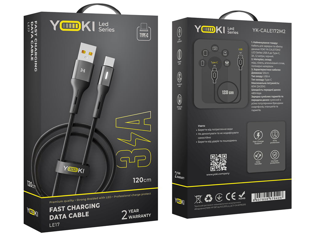 Кабель Yoki Led, USB-A — Type-C, 3A, LED индикатор, 1,2м, Черный