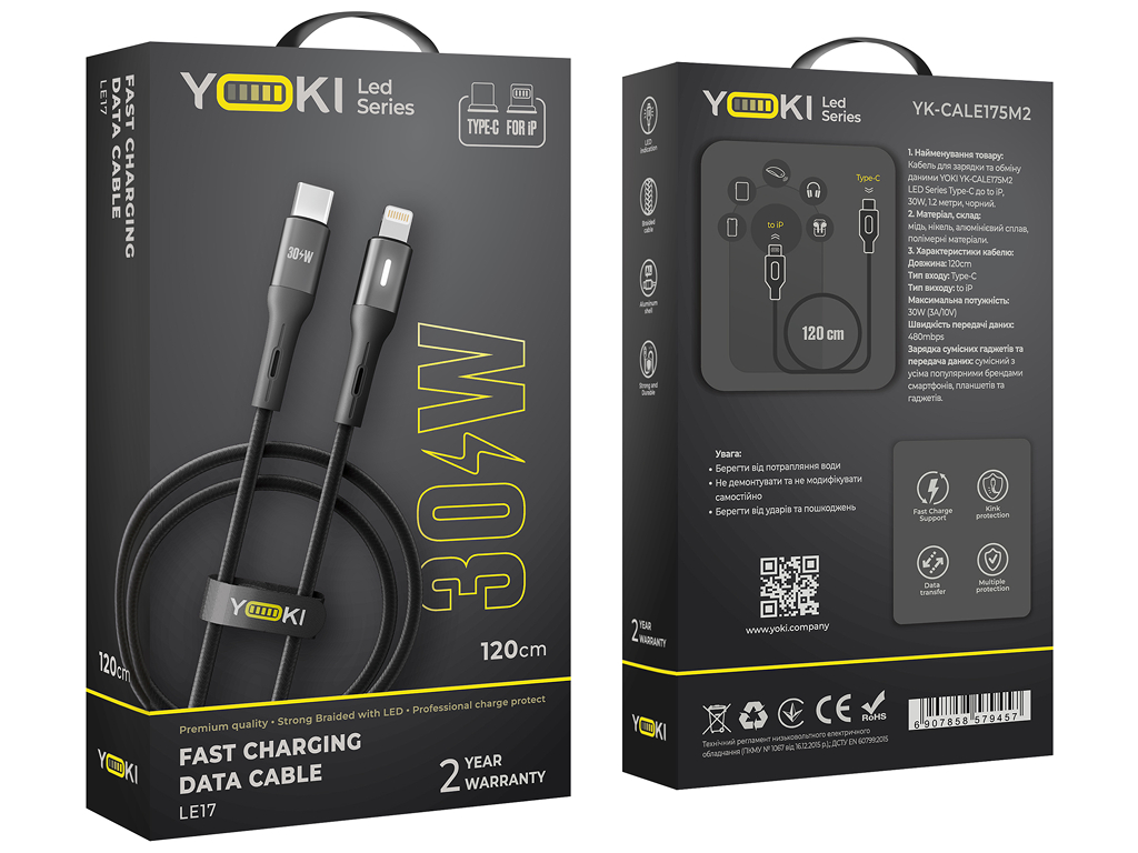 Кабель Yoki Led, Type-C — Lightning, 30W, LED индикатор, 1,2м, Черный