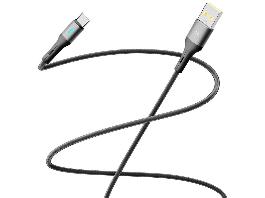 Кабель Yoki Led, USB-A - Type-C, 3A, LED індикатор, 2м, Чорний