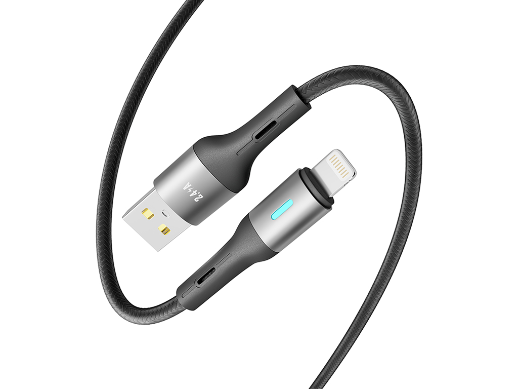 Кабель Yoki Led, USB-A — Lightning, 2,4A, 2м, Черный