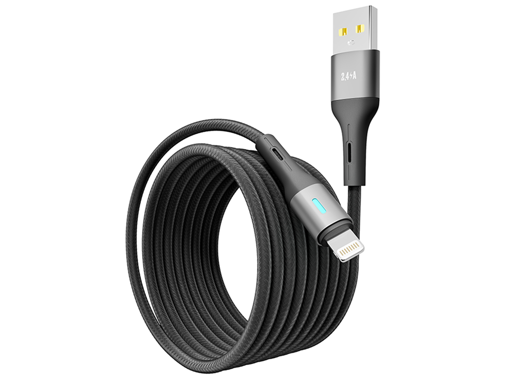 Кабель Yoki Led, USB-A — Lightning, 2,4A, 2м, Черный