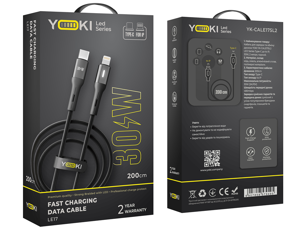Кабель Yoki Led, Type-C — Lightning, 30Вт, LED индикатор, 2м, Черный