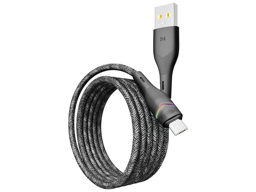 Кабель Yoki Rgb, USB-A — Micro-USB, 3A, RGB подсветка, 1,2м, Черный