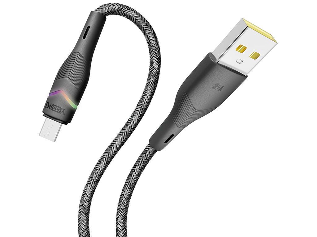 Кабель Yoki Rgb, USB-A — Micro-USB, 3A, RGB подсветка, 1,2м, Черный