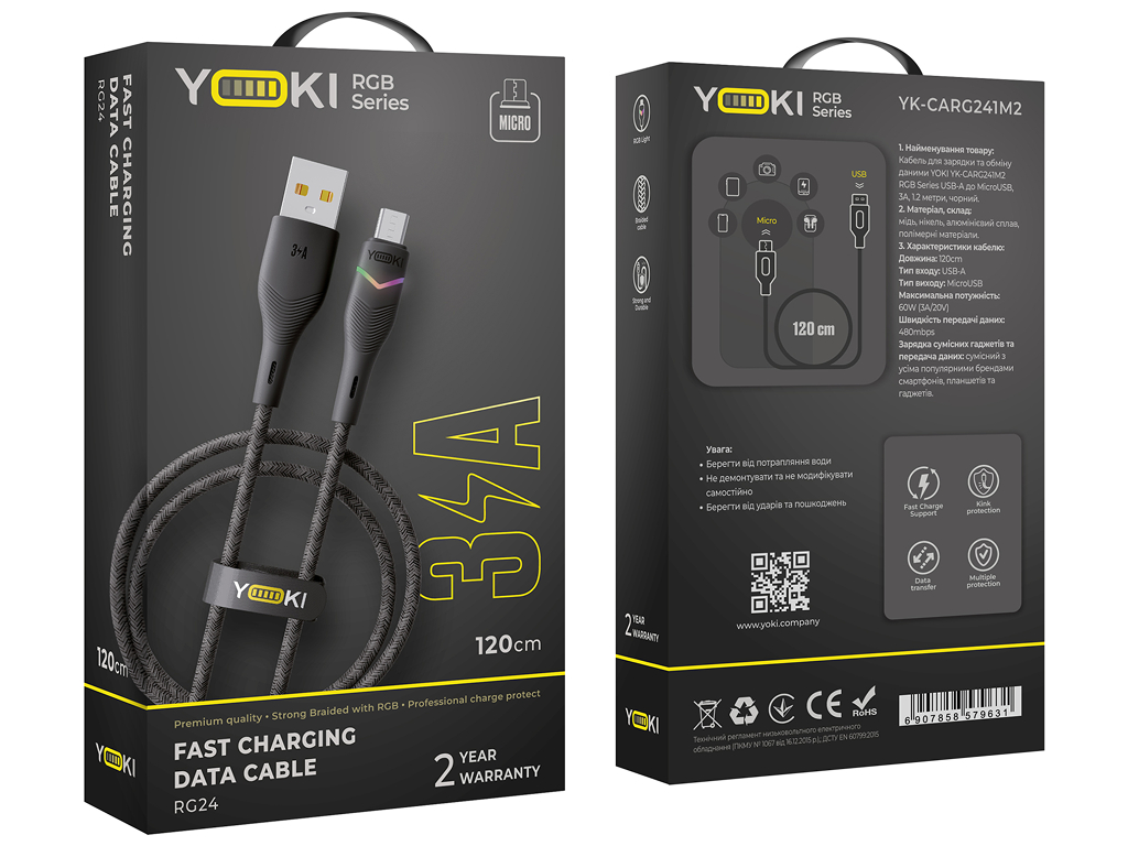 Кабель Yoki Rgb, USB-A — Micro-USB, 3A, RGB подсветка, 1,2м, Черный