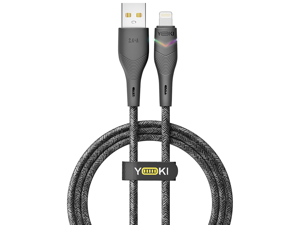 Кабель Yoki Rgb, USB-A — Lightning, 2,4A, RGB подсветка, 1,2м, Черный
