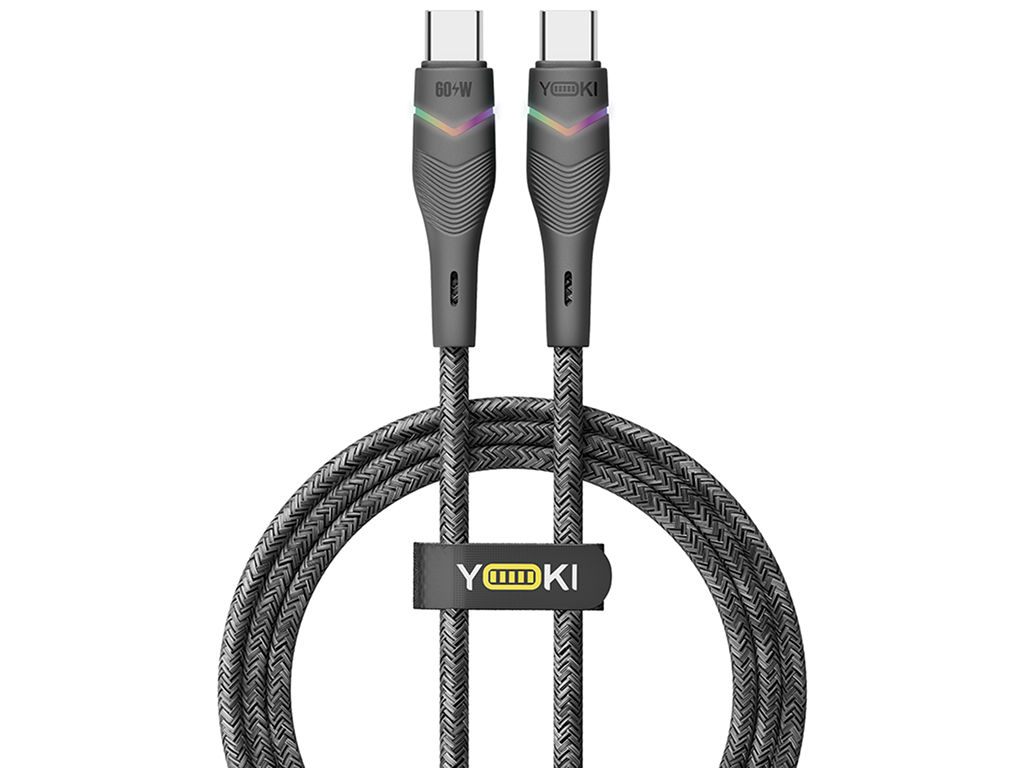 Кабель Yoki Rgb, Type-C — Type-C, 60Вт, RGB подсветка, 1,2м, Черный