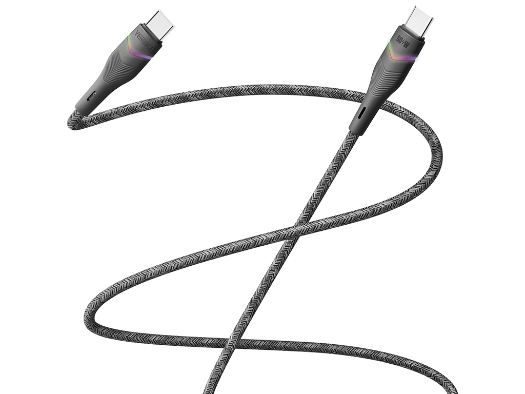Кабель Yoki Rgb, Type-C — Type-C, 60Вт, RGB подсветка, 1,2м, Черный