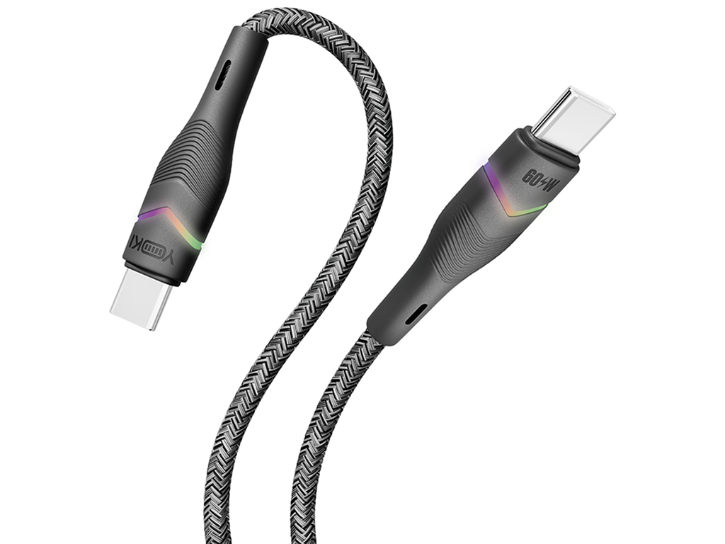 Кабель Yoki Rgb, Type-C — Type-C, 60Вт, RGB подсветка, 1,2м, Черный