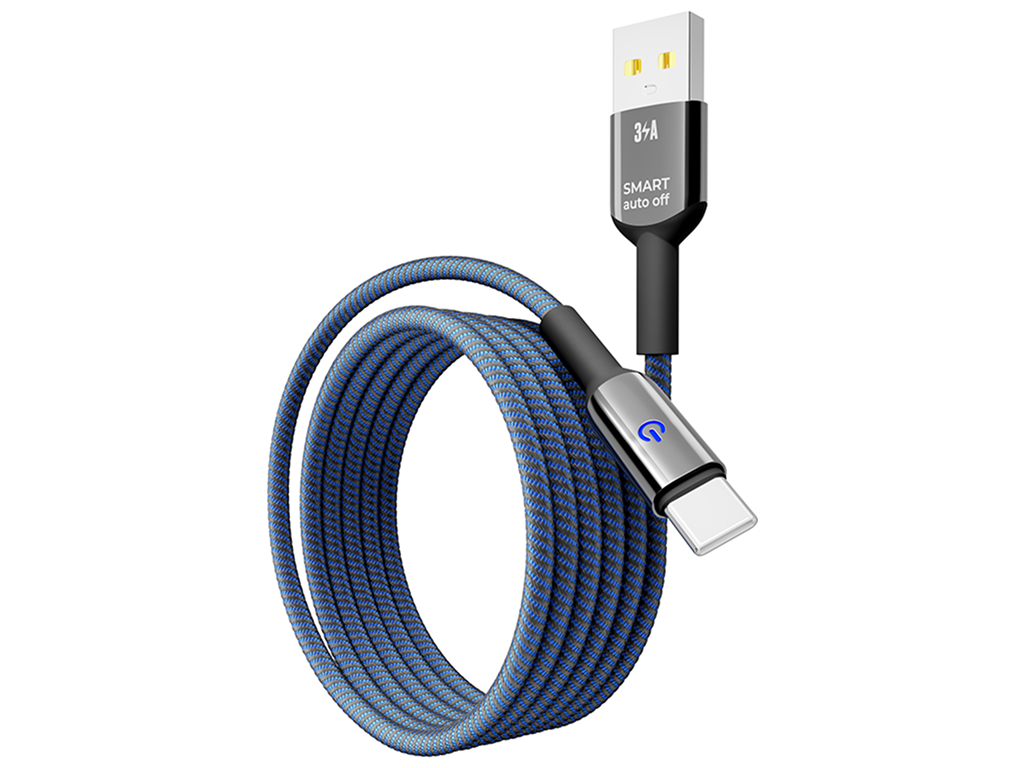 Кабель Yoki Smart, USB-A — Type-C, 3A, LED индикатор, 1,2м, Синий