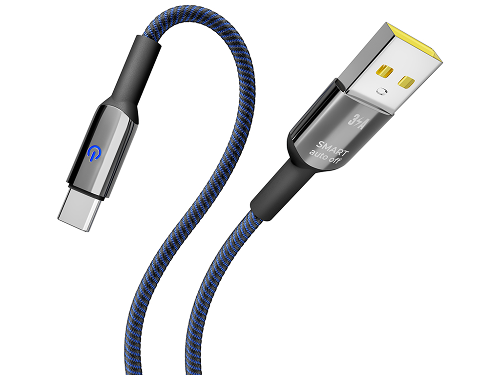 Кабель Yoki Smart, USB-A — Type-C, 3A, LED индикатор, 1,2м, Синий