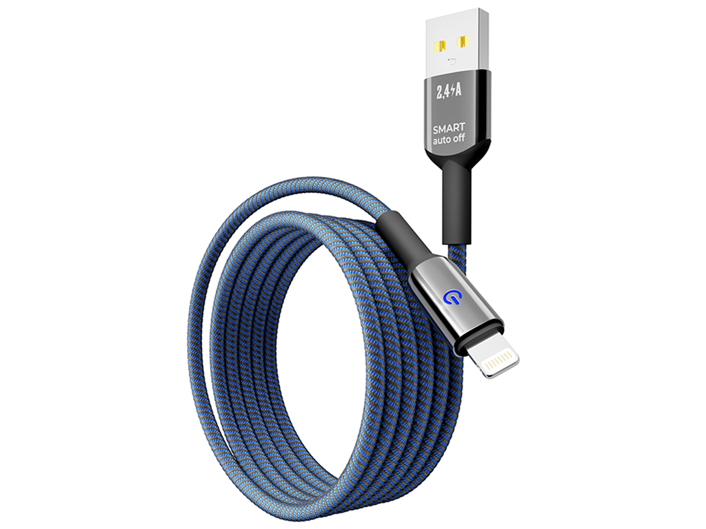 Кабель Yoki Smart, USB-A — Lightning, 2,4A, LED индикатор, 1,2м, Синий