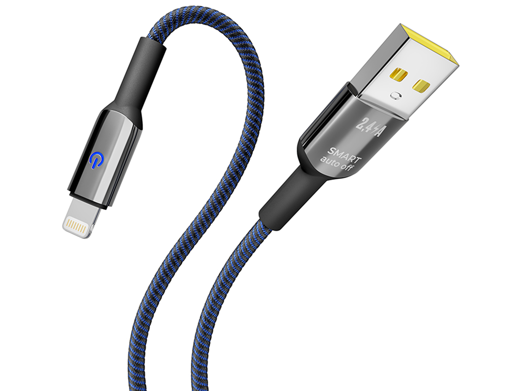 Кабель Yoki Smart, USB-A — Lightning, 2,4A, LED индикатор, 1,2м, Синий
