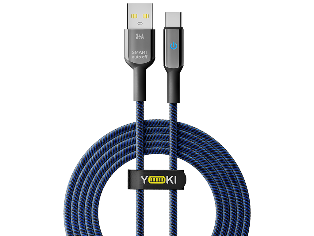 Кабель Yoki Smart, USB-A — Type-C, 3A, LED индикатор, 2м, Синий