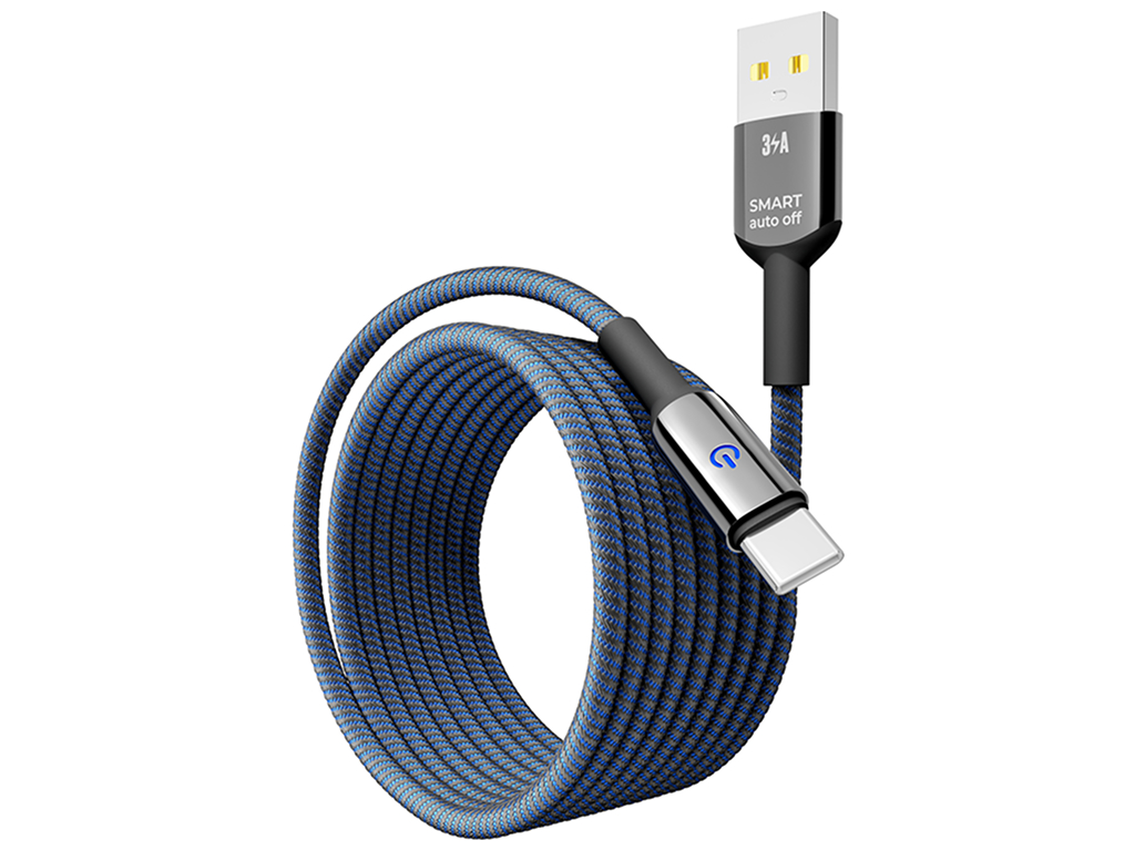 Кабель Yoki Smart, USB-A — Type-C, 3A, LED индикатор, 2м, Синий