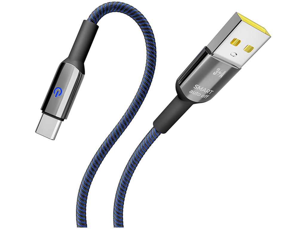 Кабель Yoki Smart, USB-A — Type-C, 3A, LED индикатор, 2м, Синий